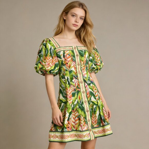 NWOT FARM Rio Square Neck Puff Sleeve Floral Tropical Print Mini Dress Size XS